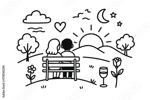 Romantic Sunset Doodles. Hand-drawn doodle illustration Romantic sunset scene [couple, heart, bench, sun, hill, tree, flower, star, moon, cloud, breeze lines,