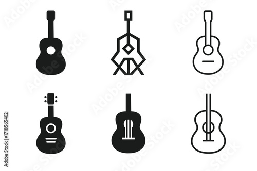 Harmonious Guitar Logos. Music. Set Logo of Music: Guitar. harmonious logo variations of the same emblematic concept, each with different artistic