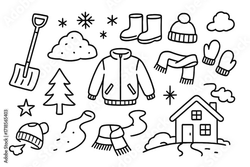 Winter Doodle Icons. Hand-drawn doodle illustration Shoveling snow shovel, snow pile, snowflake, mittens, boots, hat, scarf, jacket, house, tree, path, star,
