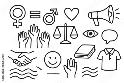 Gender Equality Doodles. Hand-drawn doodle illustration Gender equality symbols [female symbol, male symbol, equal sign, raised hands, scale, heart, megaphone,