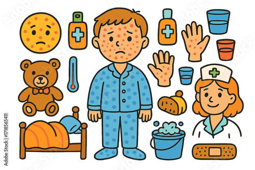 Chickenpox Care for Kids. Colorful Hand-drawn doodle Children illustration Chickenpox child with spots, dotted face emoji, teddy bear, thermometer, lotion