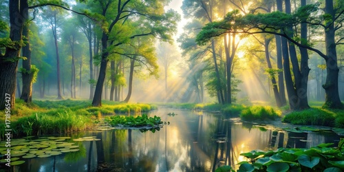 Serene morning mist shrouds a tranquil forest stream, sunlight filtering through lush green foliage, creating a picturesque and idyllic scene of natural beauty.