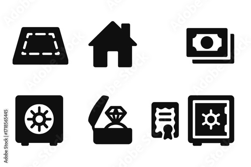 Estate Assets Icons. Solid, filled icon set of estate assets: land plot, house, car, banknotes, vault, jewelry box, shares certificate, safe. Solid, filled