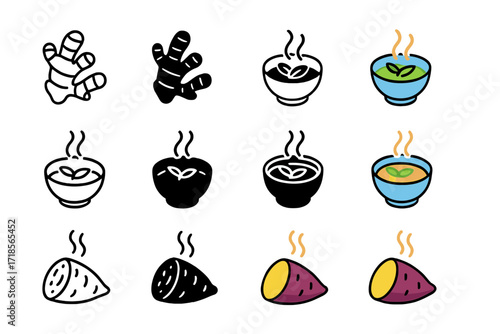 Warming Foods Icon Set. Icon Set of Warming Foods: Ginger root, Herbal broth, Steamed sweet potato. Icons set in vector style, emblematic variations. Ginger