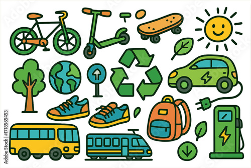 Eco-Friendly Transportation Doodles. Colorful Hand-drawn doodle Children illustration Green transportation [bicycle, electric scooter, skateboard, bus, train,