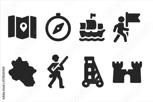 Empire Expansion Icons. Solid, filled icon set of empire expansion: map, compass, warship, flag planting, soldier marching, territory outline, siege tower,