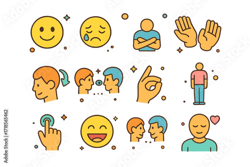 Isometric Nonverbal Icons. Nonverbal Communication. Colorful isometric vector icons set of nonverbal communication: smiling face, crying face, crossed arms,