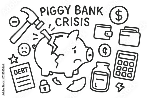 Piggy Bank Crisis. Hand-drawn doodle illustration Piggy bank crisis [piggy bank, hammer, crack, broken piece, coin, dollar sign, wallet, credit card,