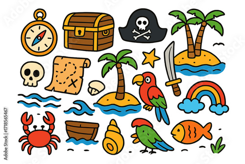 Island Adventure Doodles. Colorful Hand-drawn doodle Children illustration island adventure compass, treasure chest, pirate hat, palm tree, sword, map, skull,