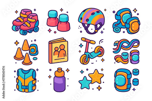 Kid's Skating Gear Icons. Colorful isometric vector icons set of kid's roller skating set: mini skates, training toe stoppers, colorful helmet, elbow pads,
