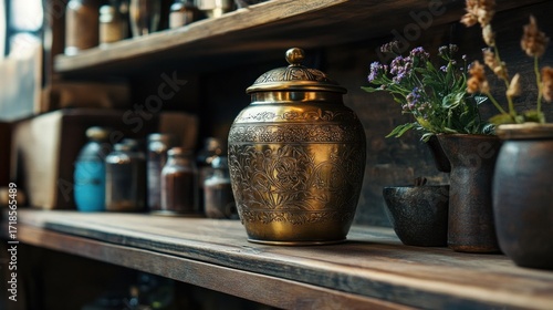 Wallpaper Mural Vintage still life featuring an ornate brass urn surrounded by botanicals on wooden shelves Torontodigital.ca