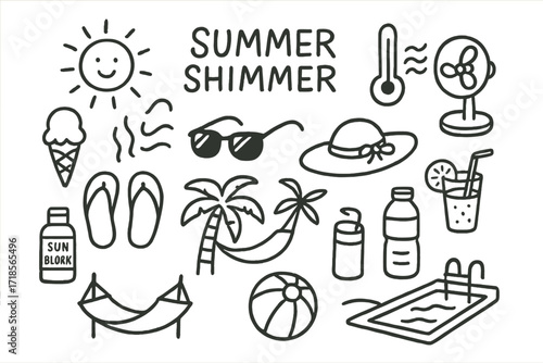Summer Essentials Doodle. Hand-drawn doodle illustration [Summer shimmer] [sun, thermometer, wavy heat lines, ice cream, sunglasses, fan, sun hat, flip-flops,