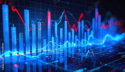 Dynamic market trends visualized with bar and line graphs, showing growth and decline