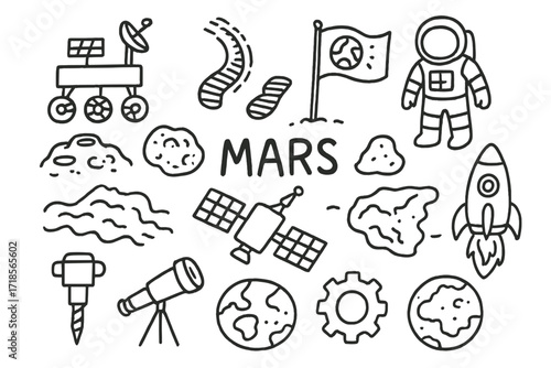 Mars Exploration Doodles. Hand-drawn doodle illustration Mars exploration [rover, wheel tracks, solar panel, antenna, astronaut, flag, crater, rock, drill,