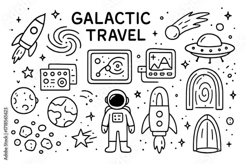 Galactic Travel Adventure. Galactic travel. Hand-drawn doodle illustration galactic travel spaceship, galaxy swirl, comet, wormhole, star cluster, UFO, alien