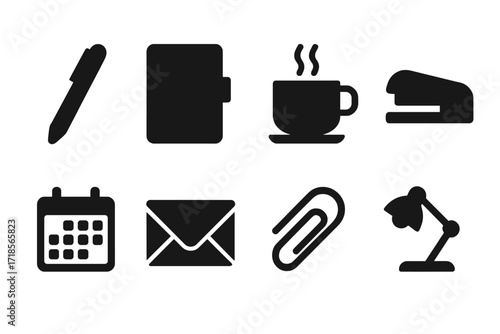 Office Supplies Icons. Solid, filled icon set of corporate office supplies: pen, notebook, coffee cup, stapler, calendar, envelope, paperclip, desk lamp.