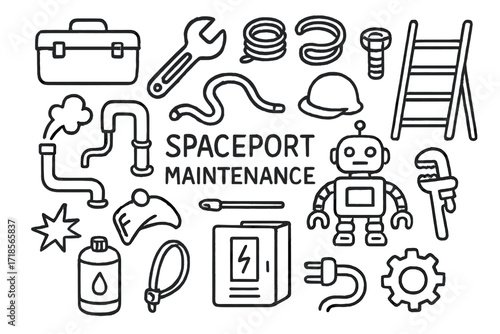 Spaceport Maintenance Doodles. Hand-drawn doodle illustration Spaceport maintenance zone [toolbox, wrench, bolt, hose, steam pipe, wire coil, mechanic bot,