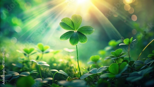 A Vibrant Four-Leaf Clover Basking in Sunlight Amidst a Lush Green Meadow
