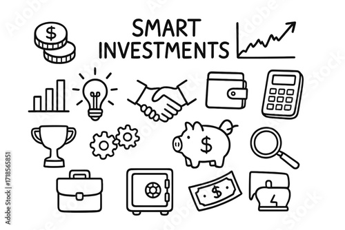Investment Icons Doodle. Hand-drawn doodle illustration smart investments coin stack, bar chart, stock chart, arrow up, piggy bank, wallet, calculator,