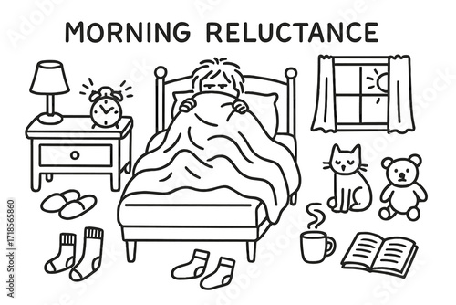 Morning Routine Doodles. Hand-drawn doodle illustration Morning reluctance, blanket, pillow, bed, person, alarm clock, nightstand, lamp, slippers, socks, book,
