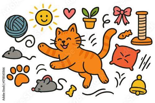 Playful Cat Adventure. Colorful Hand-drawn doodle Children illustration Fluffy Pet in Action playful cat, bouncing yarn, mouse toy, paw print, heart, whiskers,