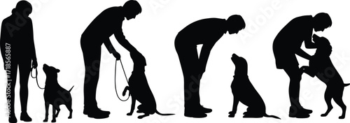 Dog training icons, person with pet silhouettes, obedience interaction graphic, bonding moment vector, animal behavior design, black and white layout, isolated companion symbols