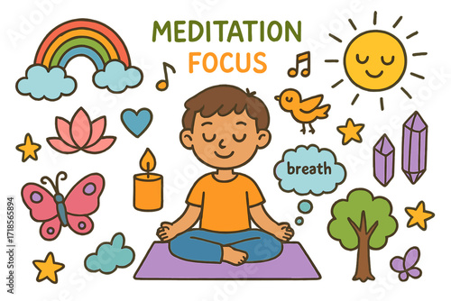 Peaceful Meditation Doodle. Colorful Hand-drawn doodle Children illustration meditation for focus lotus flower, yoga mat, candle, rainbow, cloud, peaceful