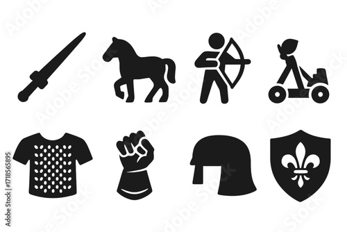 Medieval Combat Icons. Solid, filled icon set of medieval combat: jousting lance, warhorse, archer, catapult, battering ram, chainmail armor, gauntlet, shield