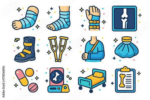 Fracture Treatment Icons. Colorful isometric vector icons set of fractured bone treatment: arm cast, leg cast, wrist brace, x-ray image, orthopedic boot,