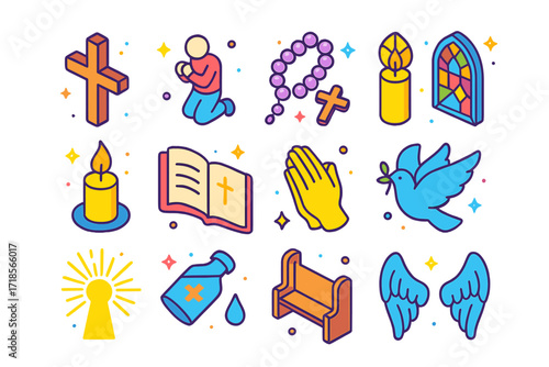 Religious Icons Grid. Colorful isometric vector icons set of confession symbols in religion: wooden cross, kneeling figure, rosary beads, stained glass window,