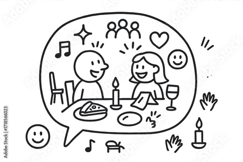 Cheerful Dinner Icons. Hand-drawn doodle illustration Friendly dinner conversation bubble icon, laughter, wine glass, sparkle, napkin, pizza, plate, table,