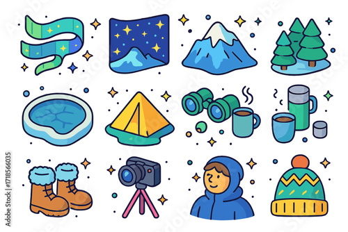 Aurora Borealis Icons. Colorful isometric vector icons set of aurora borealis elements: northern lights ribbons, starry night sky, snowy mountain, pine forest,