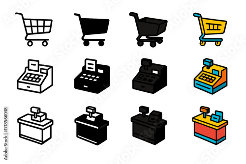 Retail Queue Icons. Icon Set of Retail Queue: Shopping cart, Cash register, Checkout counter. Icons set in vector style, emblematic variations. Shopping cart