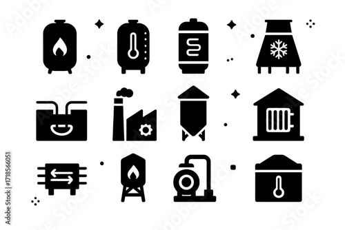 District Heating Icons. District heating storage. Solid icons set of district heating storage: central heat tank, insulated district boiler, hot