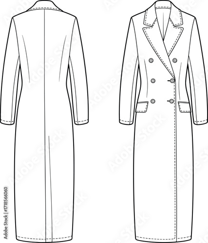 Long trench coat fashion flat sketch, technical drawing of double breasted overcoat, winter apparel template, stylish outerwear design illustration