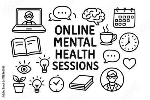 Online Therapy Doodles. Hand-drawn doodle illustration Online mental health sessions [laptop, video call icon, headphones, brain, notebook, tea cup, eye icon,