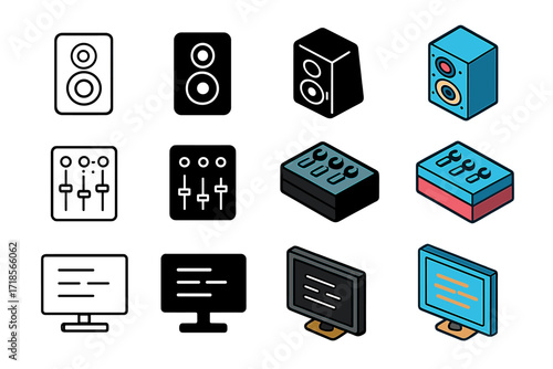 Karaoke Equipment Icons. Icon Set of Karaoke Equipment: Speaker, Mixer console, TV screen with lyrics. Icons set in vector style, emblematic variations.