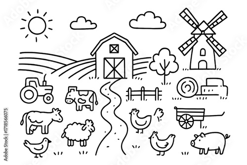 Countryside Farming Doodle. Hand-drawn doodle illustration countryside farming scene barn, field rows, tractor, cow, sheep, chicken, fence, tree, hay bale,