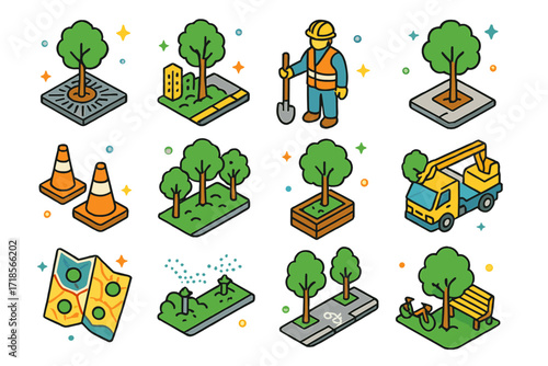 Urban Tree Planting Icons. Colorful isometric vector icons set of Urban tree planting: tree pit with grate, street planter, city worker, sidewalk cutout,