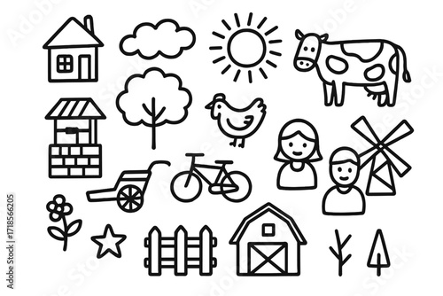 Charming Village Icons. Hand-drawn doodle illustration village life house, tree, sun, cloud, cow, chicken, water well, cart, bicycle, flower, star, fence,