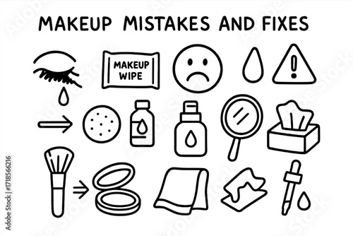 Makeup Mistakes Icons. Hand-drawn doodle illustration [Makeup mistakes and fixes] smudged eyeliner, makeup wipe, tear drop, frowning face, pad, oil bottle,
