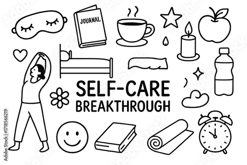 Self-Care Essentials Icons. Hand-drawn doodle illustration Self-care breakthrough sleep mask, journal, tea cup, bed, flower, star, heart, candle, water bottle,
