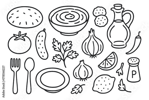 Middle Eastern Delights. Hand-drawn doodle illustration Middle Eastern cuisine pita bread, hummus bowl, falafel, olive oil bottle, tomato, cucumber, onion,