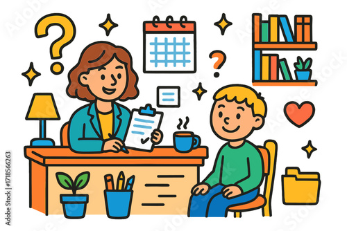 Joyful Counseling Scene. Colorful Hand-drawn doodle Children illustration Counseling Office Experience smiling advisor, desk, clipboard, bookshelf, calendar,