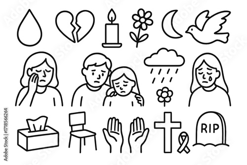 Grieving Family Icons. Hand-drawn doodle illustration grieving family people icons, tear, heart, candle, flower, dove, rain cloud, moon, star, tissue, chair,