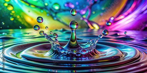 Vibrant iridescent liquid droplet impact creates a mesmerizing crown splash with concentric ripples and colorful background