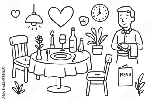Romantic Restaurant Icons. Hand-drawn doodle illustration [Romantic restaurant setting] [table, chairs, candle, wine bottle, wine glass, plate, cutlery, flower