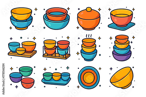 Colorful Bowl Icons Set. Colorful isometric vector icons set of stacked and arranged bowls: stack of ceramic bowls, nested mixing bowls, bowl with lid, bowl on