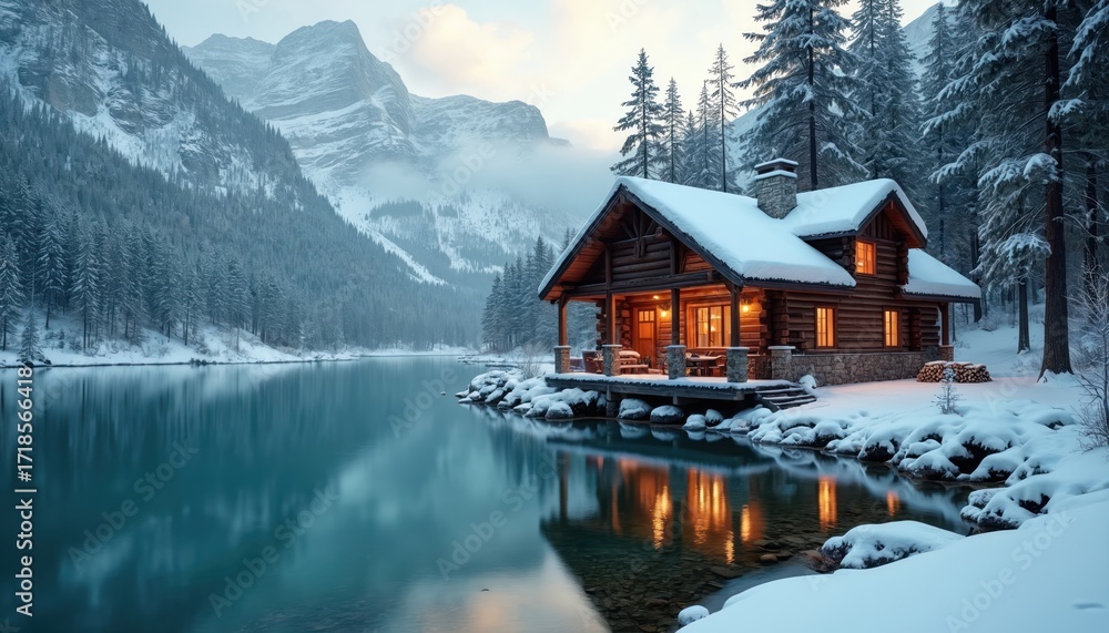 Fototapeta premium Cozy log cabin nestled by tranquil lake in winter wonderland. Snow blankets forest and mountains. Warm lights glow from windows, reflecting in serene water. Rustic, peaceful retreat.