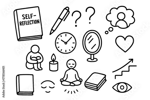 Self-Reflection Icons. Hand-drawn doodle illustration self-reflection journal, pen, mirror icon, question mark, thinking cloud, time clock, alone figure,